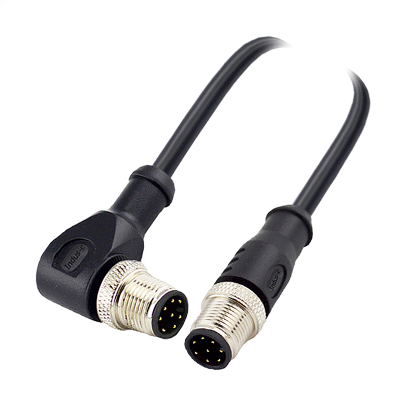 M12 8pins A code male straight to male right angle molded cable,unshielded,PVC,-10°C~+80°C,24AWG 0.25mm²,brass with nickel plated screw